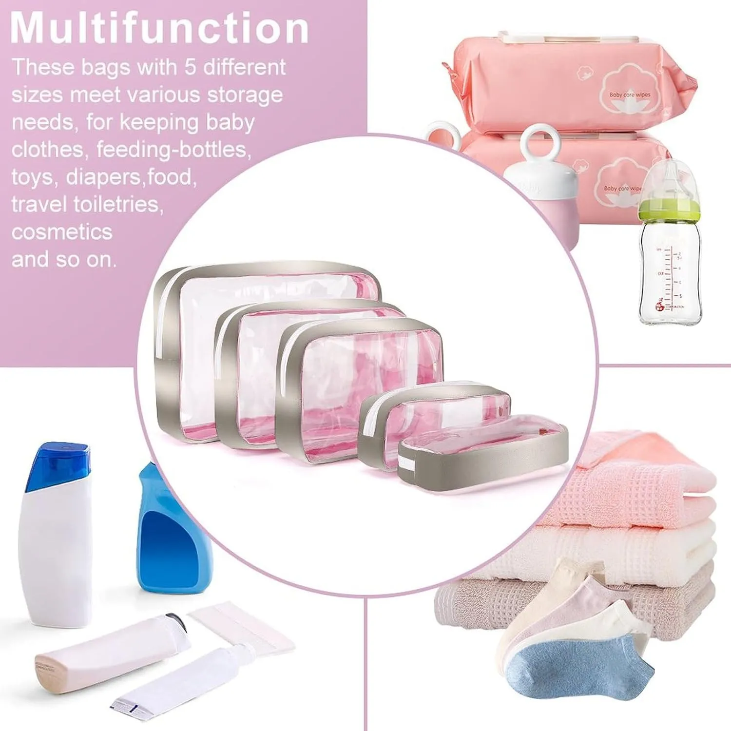 Champagne Shimmer Sparkle Flutter Butterfly Transparent Storage Bag, 5-piece Makeup Bag Set Pink-style