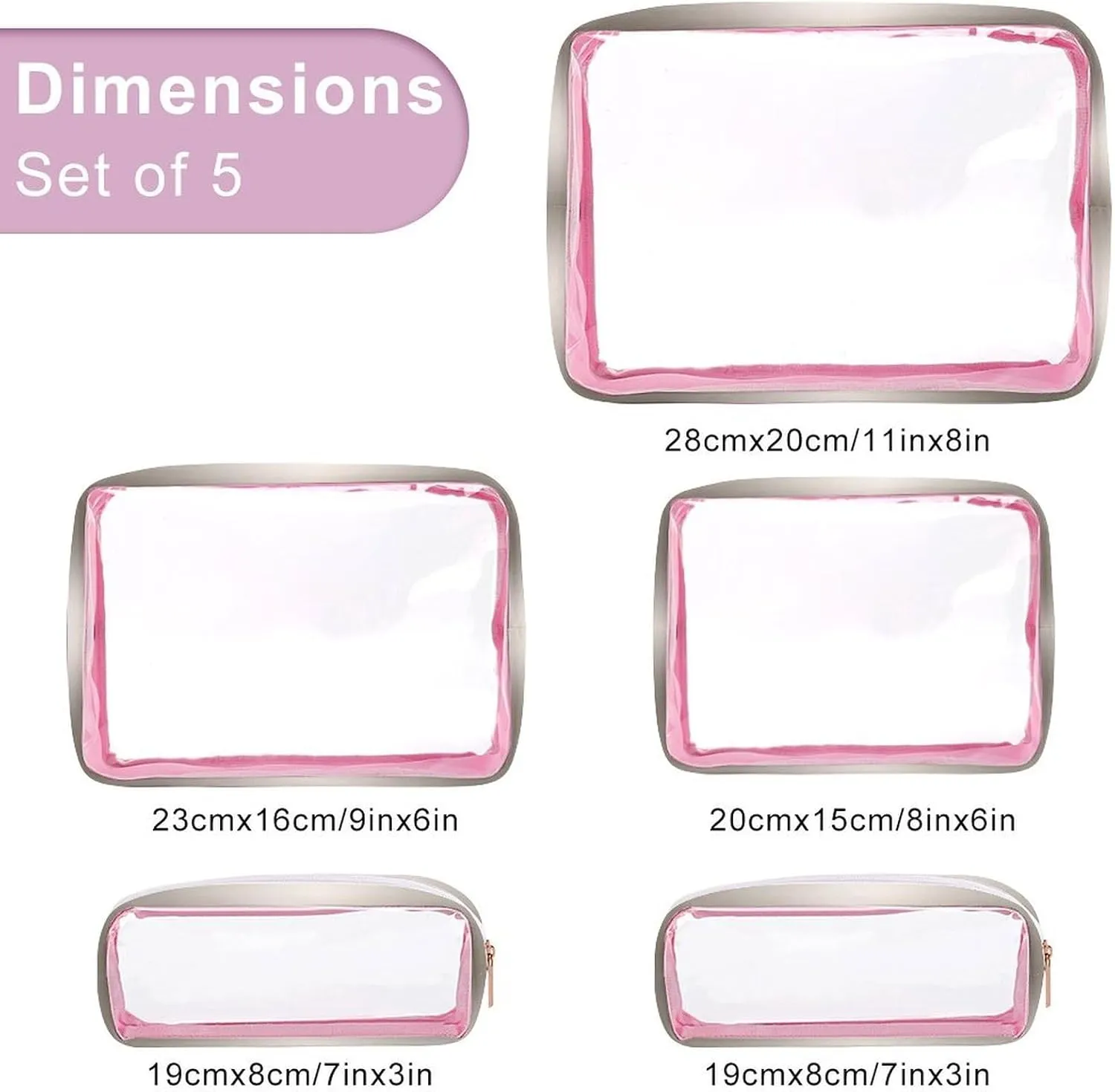 Champagne Shimmer Sparkle Flutter Butterfly Transparent Storage Bag, 5-piece Makeup Bag Set Pink-style