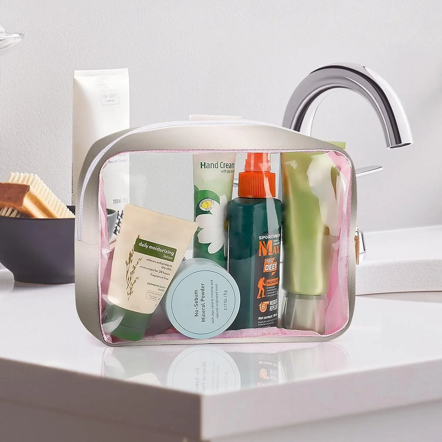 Champagne Shimmer Sparkle Flutter Butterfly Transparent Storage Bag, 5-piece Makeup Bag Set Pink-style