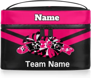 Cheer Custom Name Makeup Bag Personalized Large Cosmetic Case Portable Travel Make Up Organizer for Women Girls With Handle, Bright Pink