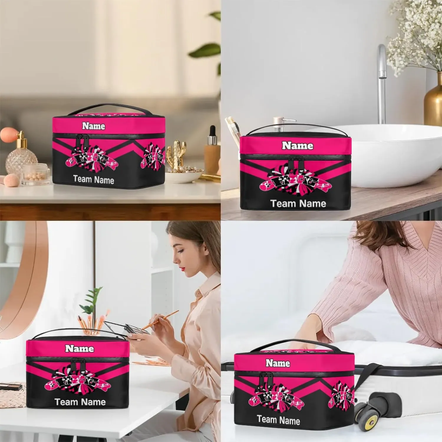 Cheer Custom Name Makeup Bag Personalized Large Cosmetic Case Portable Travel Make Up Organizer for Women Girls With Handle, Bright Pink