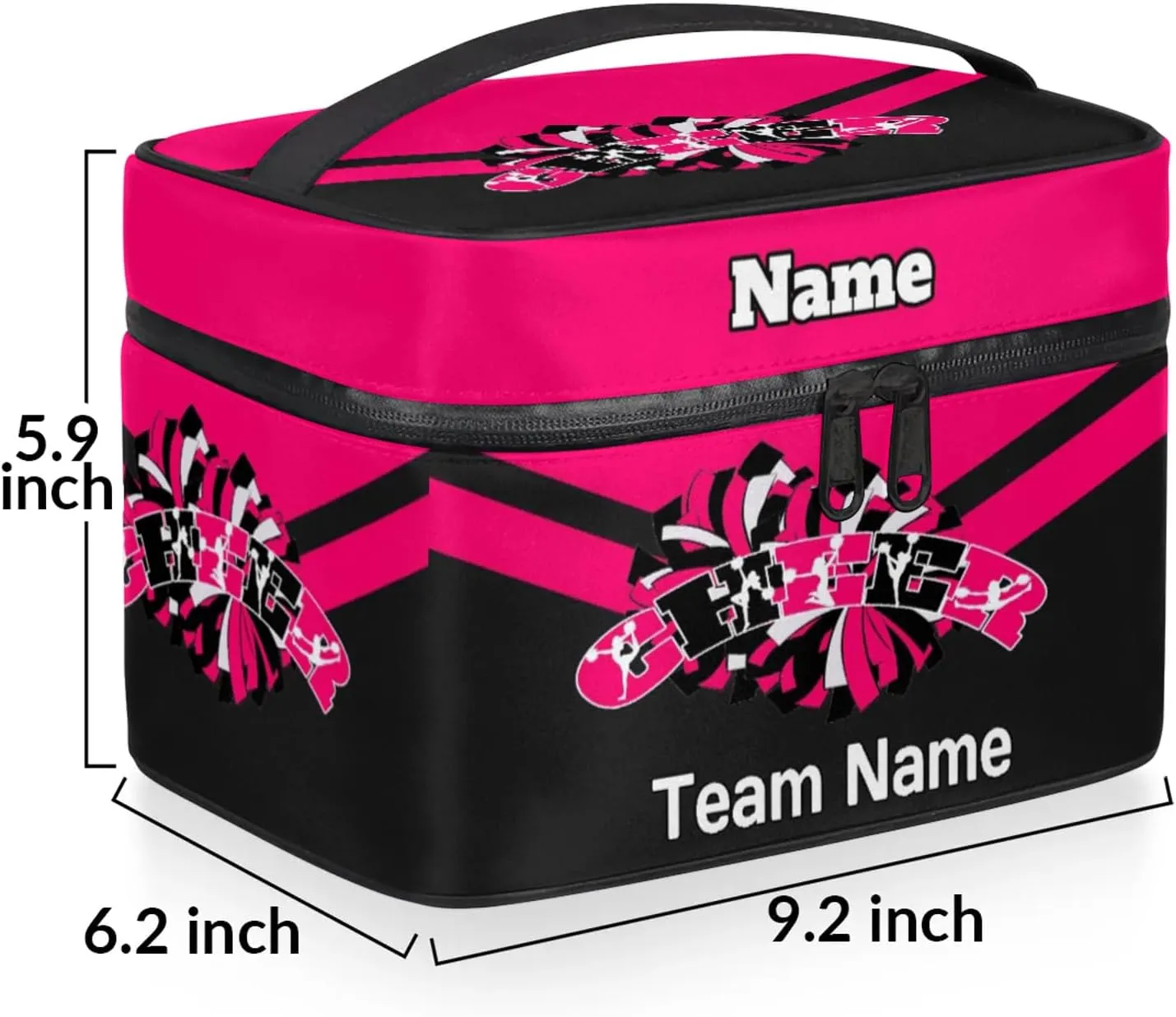 Cheer Custom Name Makeup Bag Personalized Large Cosmetic Case Portable Travel Make Up Organizer for Women Girls With Handle, Bright Pink