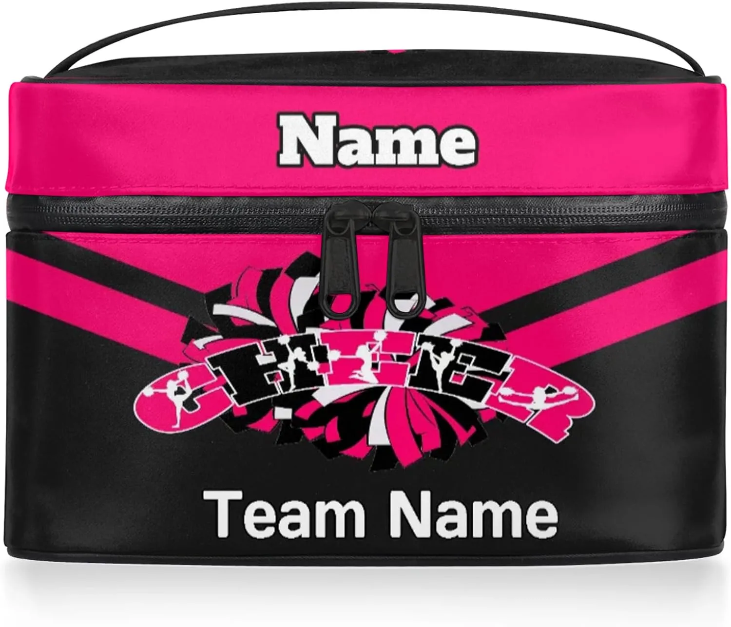 Cheer Custom Name Makeup Bag Personalized Large Cosmetic Case Portable Travel Make Up Organizer for Women Girls With Handle, Bright Pink