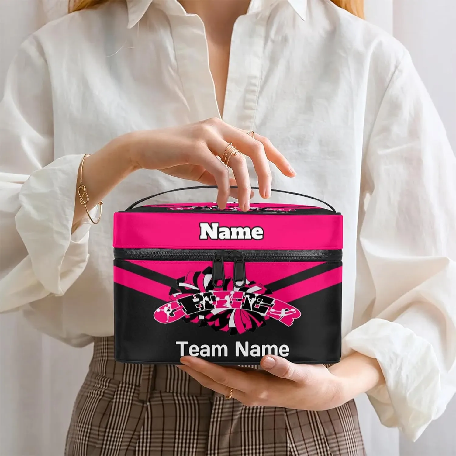 Cheer Custom Name Makeup Bag Personalized Large Cosmetic Case Portable Travel Make Up Organizer for Women Girls With Handle, Bright Pink