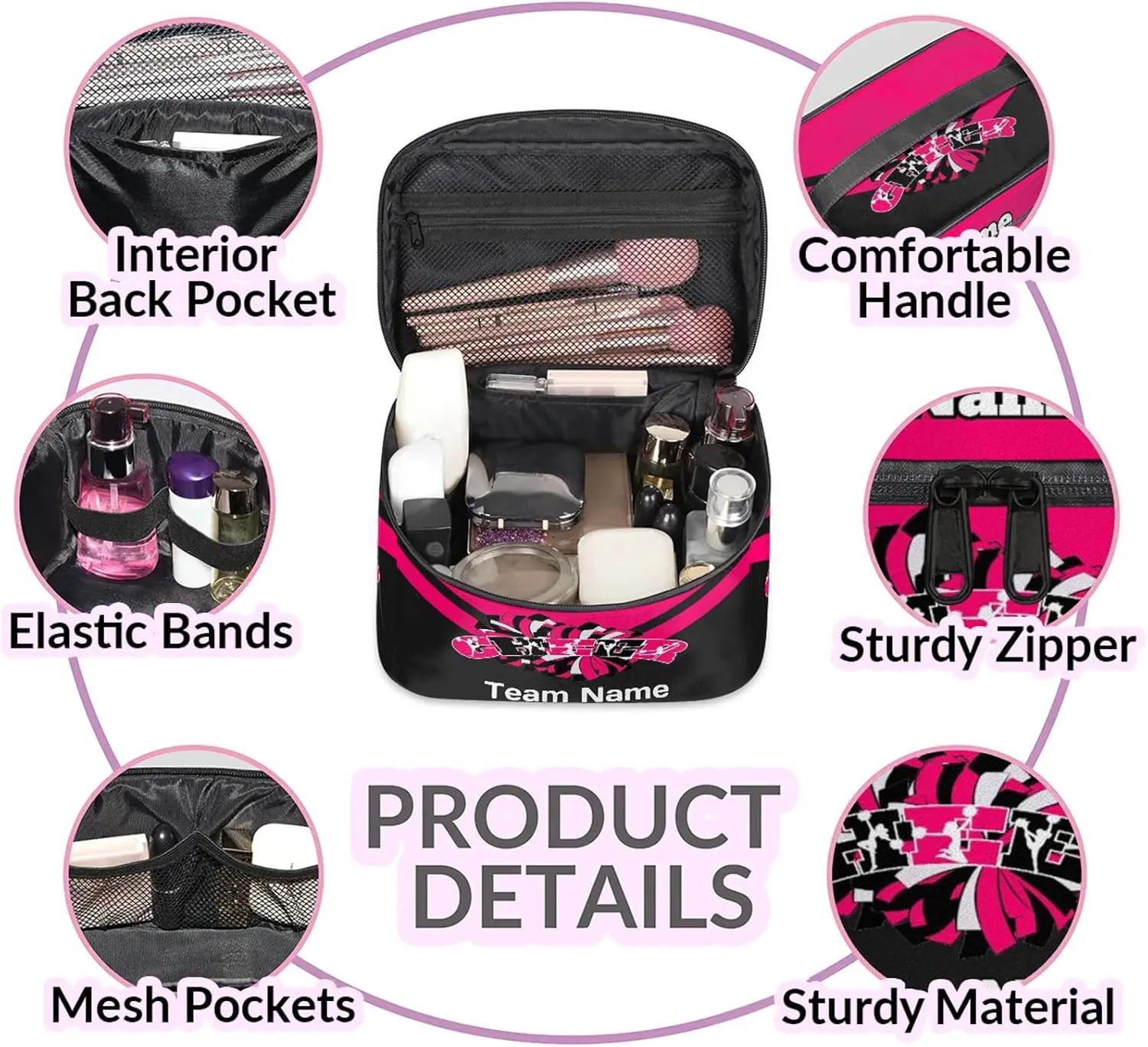 Cheer Custom Name Makeup Bag Personalized Large Cosmetic Case Portable Travel Make Up Organizer for Women Girls With Handle, Bright Pink