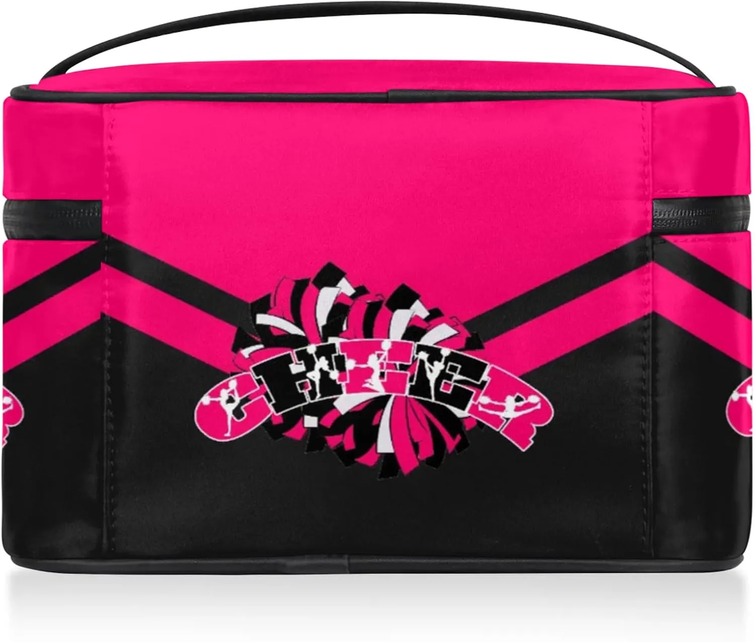 Cheer Custom Name Makeup Bag Personalized Large Cosmetic Case Portable Travel Make Up Organizer for Women Girls With Handle, Bright Pink