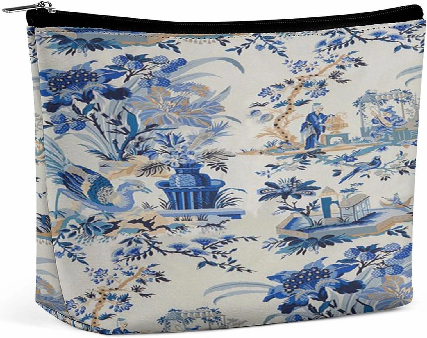 Chinese Style Powder Chinoiserie Blue And White Portable Cosmetic Bag Multifunction Storage Pouch PU Makeup Bag, Stationery Organizer with Zipper for Reunion Office