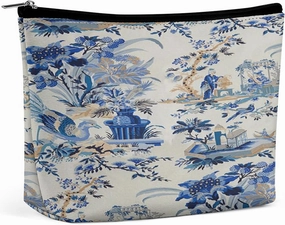 Chinese Style Powder Chinoiserie Blue And White Portable Cosmetic Bag Multifunction Storage Pouch PU Makeup Bag, Stationery Organizer with Zipper for Reunion Office