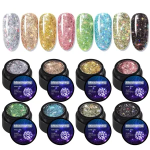 Chrome Glitter Nail Polish, Platinum Glitter Gel Nail Polish Set of 8 Colors, Including Bright Shiny Black Silver Pink UV LED Gel Polish Kit, DIY Home Manicure Nail Salon