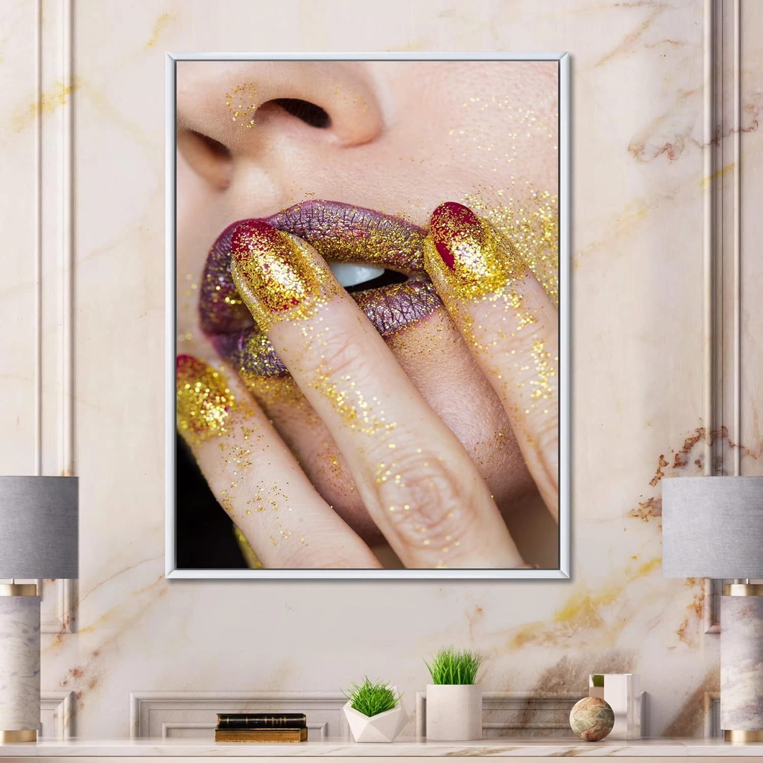 Close-Up of Golden Gold Glitter Lipstick - Modern Framed Canvas Wall Art Print