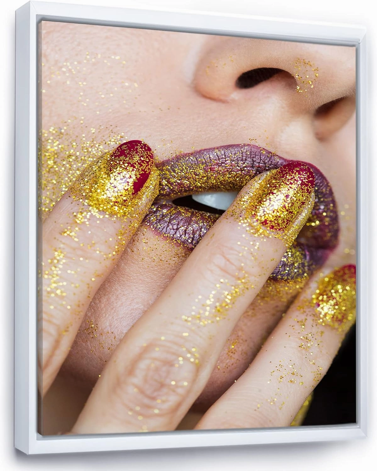 Close-Up of Golden Gold Glitter Lipstick - Modern Framed Canvas Wall Art Print