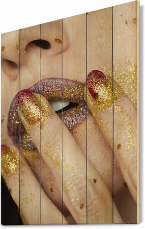 Close-Up Of Golden Gold Glitter Lipstick Modern & Contemporary Wood Wall Decor, Gold Wood Wall Art, Large People Wood Wall Panels Printed On Natural Pine Wood Art