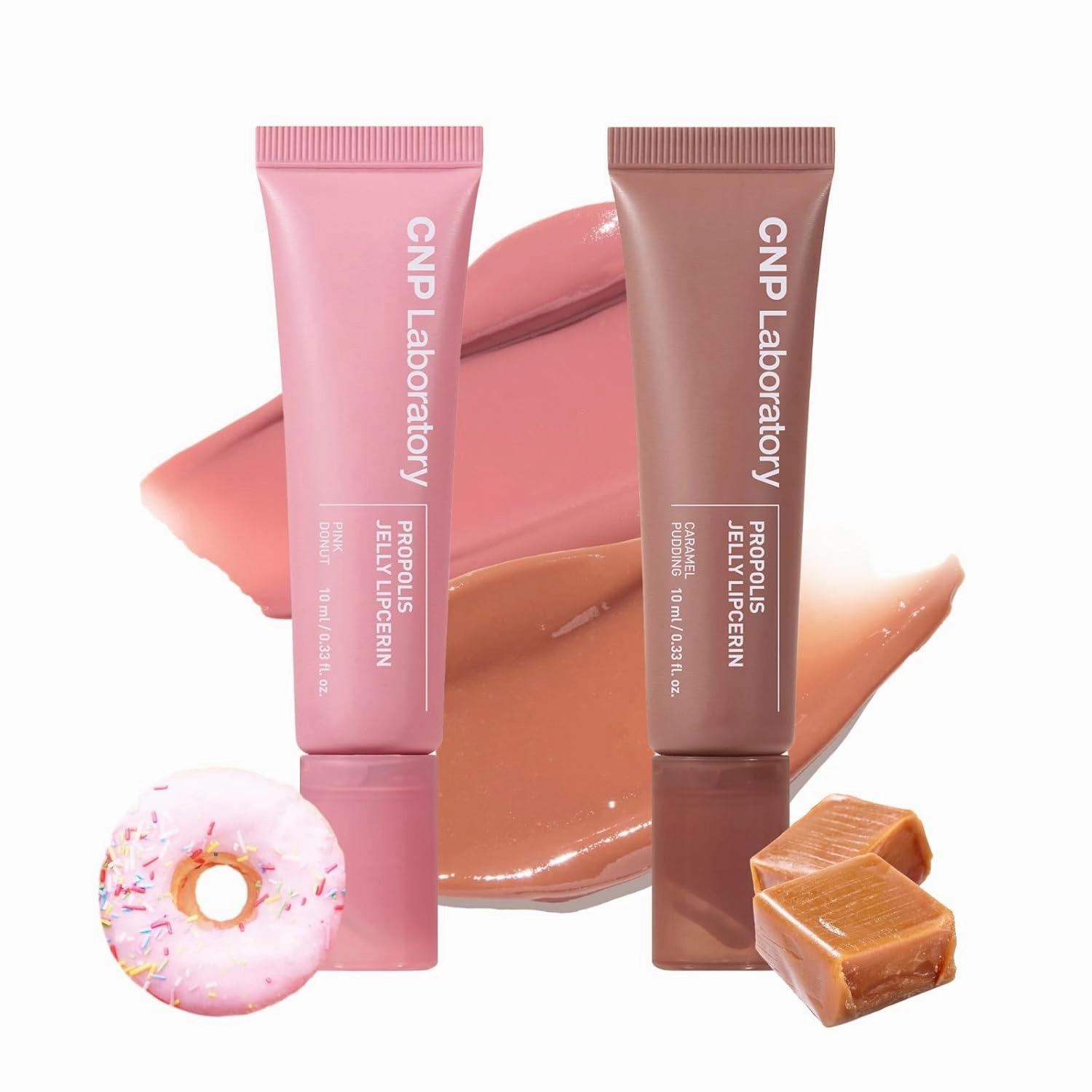 CNP Lip Jelly Duo - Pink Donut x Caramel Pudding Bundle | Hydrating Tinted Lip Gloss with Manuka Honey & Hyaluronic Acid, Gifts for Women, Korean Skin Care