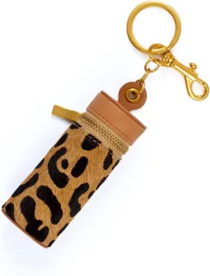 Cockatoo Nappa Leaeher Zipper Lipstick Case with Keyring Chapstick Holder Keychain (Leopard/Pink)