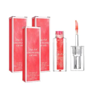 Color-Changing Lip Oil, Large Brush Head Moisturizing Lip Gloss,Warm Change Moisturizing Lip Gloss, Long-Lasting Nourishment (Red,3pcs)