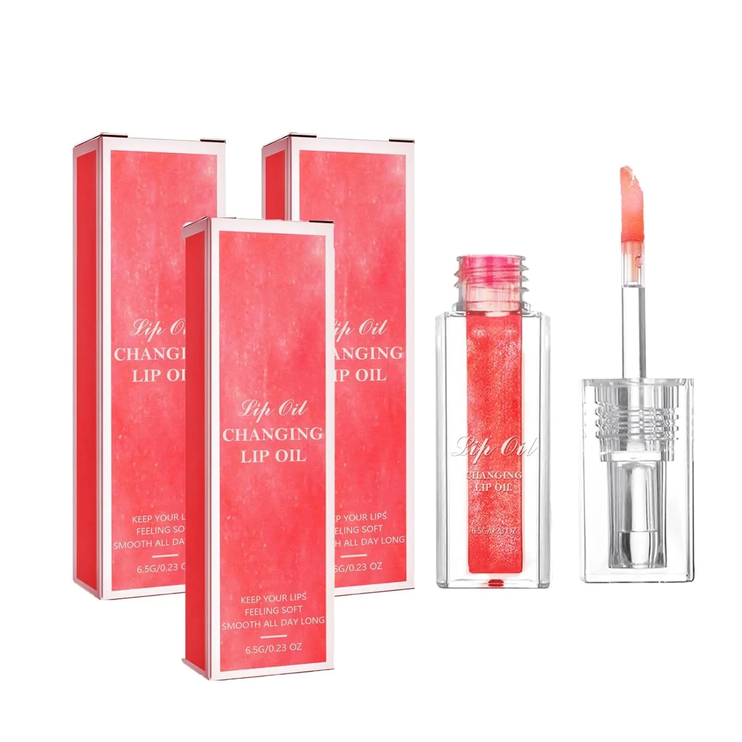 Color-Changing Lip Oil, Large Brush Head Moisturizing Lip Gloss,Warm Change Moisturizing Lip Gloss, Long-Lasting Nourishment (Red,3pcs)