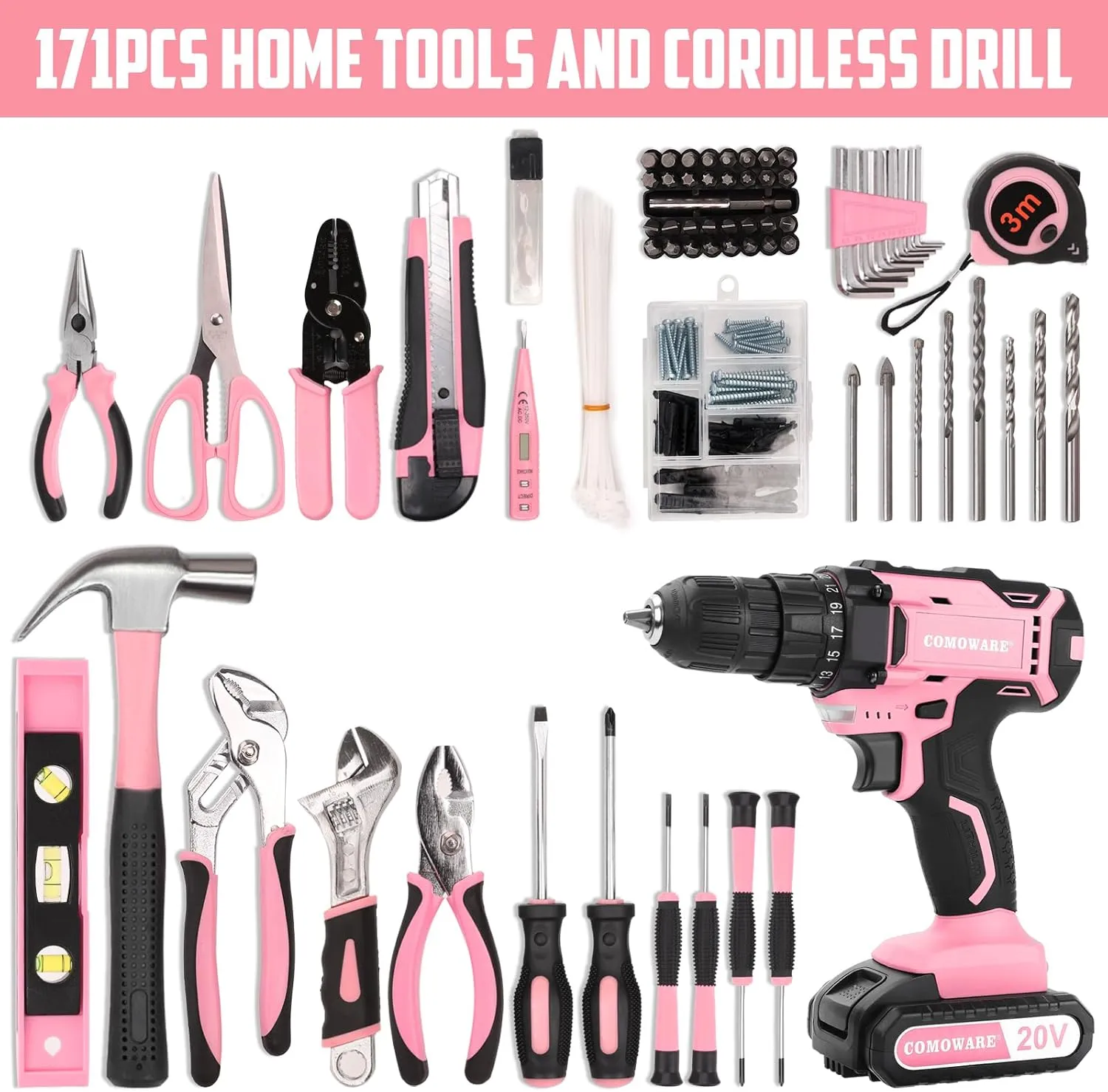 COMOWARE 171Pcs Home Tool Kit with 20V Power Drill, Pink Drill Set for Women, Lady's Home Repairing Tool Set with Storage Bag for DIY Home Maintenance