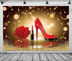 CORFOTO 17x10ft Fabric Red High Heels Lipstick Rose Backdrop Golden Shining Particle Speckle in Dark Background Woman Girls Themed Birthday Party Decorations Room Decor Photoshoot Booth Studio Prop