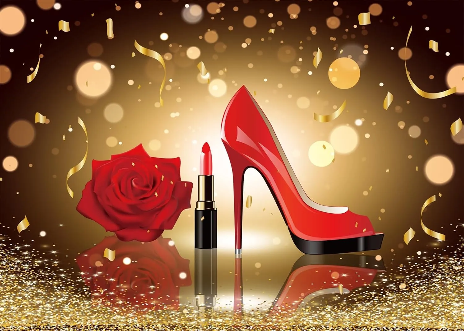 CORFOTO 17x10ft Fabric Red High Heels Lipstick Rose Backdrop Golden Shining Particle Speckle in Dark Background Woman Girls Themed Birthday Party Decorations Room Decor Photoshoot Booth Studio Prop