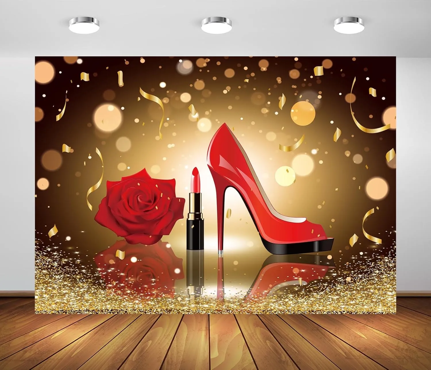 CORFOTO 17x10ft Fabric Red High Heels Lipstick Rose Backdrop Golden Shining Particle Speckle in Dark Background Woman Girls Themed Birthday Party Decorations Room Decor Photoshoot Booth Studio Prop