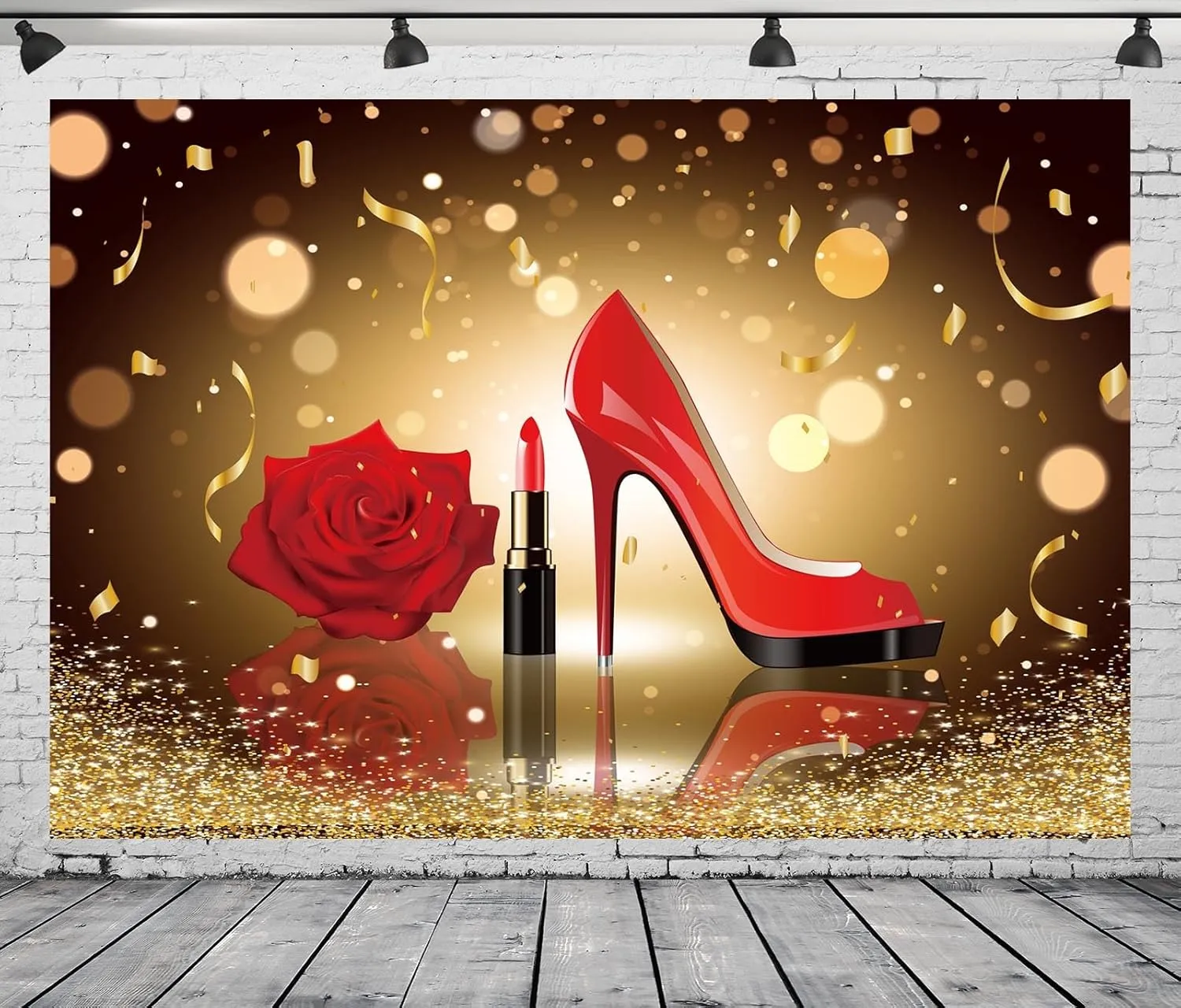 CORFOTO 17x10ft Fabric Red High Heels Lipstick Rose Backdrop Golden Shining Particle Speckle in Dark Background Woman Girls Themed Birthday Party Decorations Room Decor Photoshoot Booth Studio Prop