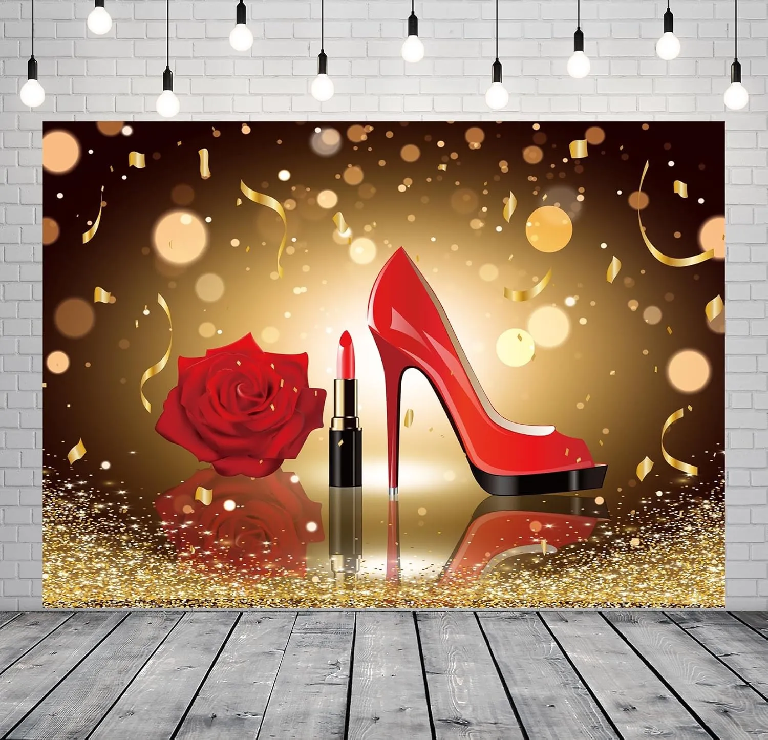 CORFOTO 17x10ft Fabric Red High Heels Lipstick Rose Backdrop Golden Shining Particle Speckle in Dark Background Woman Girls Themed Birthday Party Decorations Room Decor Photoshoot Booth Studio Prop