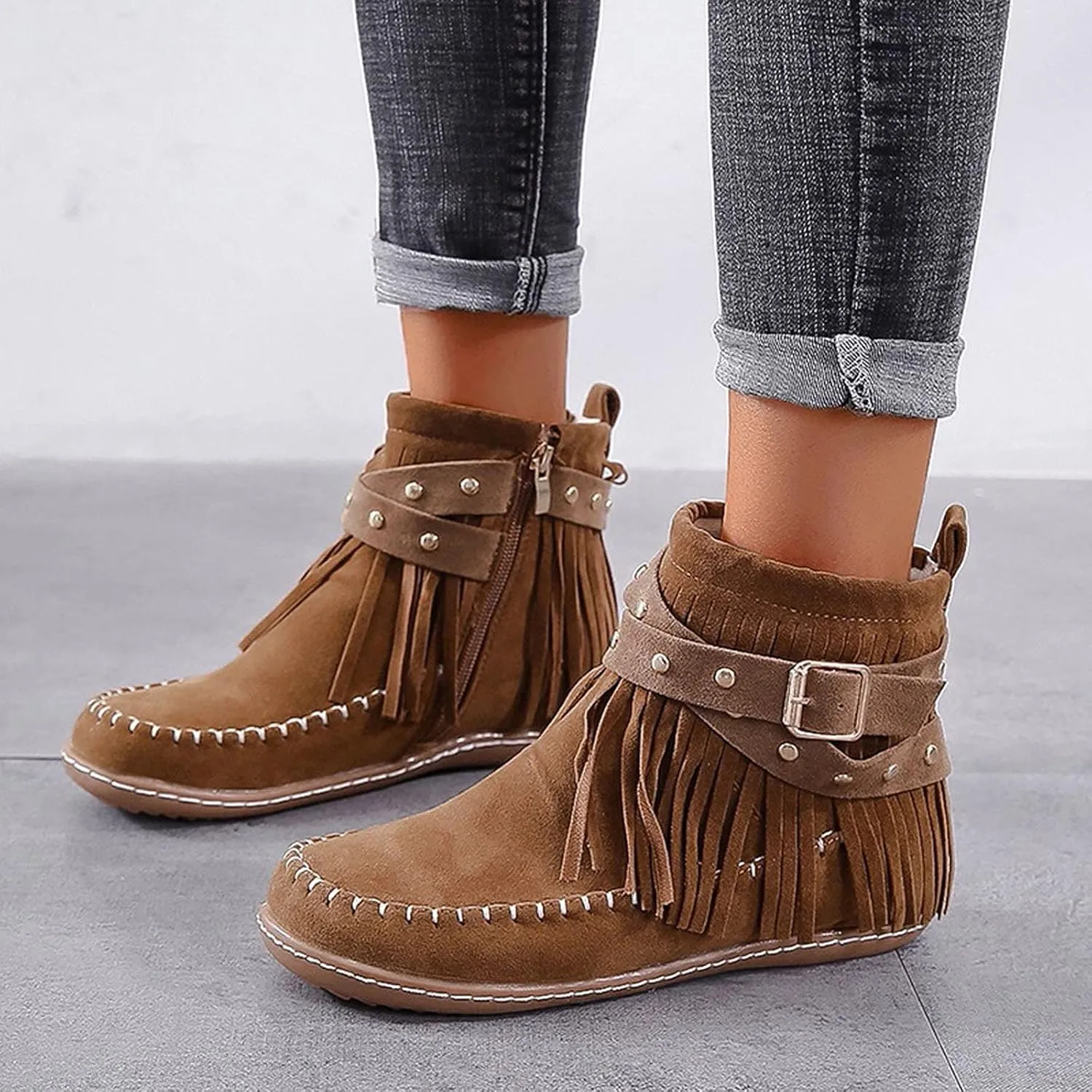 Crzidha Ankle Boots for Women,Classic Tassel Booties,Classic Western Country Booties, Buckle Strap Short Boots,Suede Round Toe Falt Boots,Comfy Snow Warm Work Walking Shoes