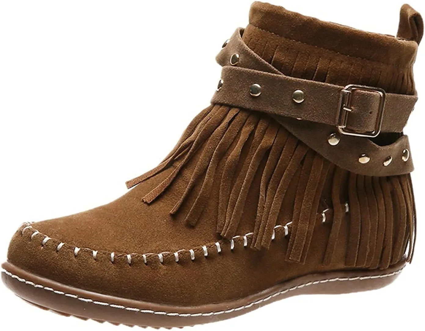 Crzidha Ankle Boots for Women,Classic Tassel Booties,Classic Western Country Booties, Buckle Strap Short Boots,Suede Round Toe Falt Boots,Comfy Snow Warm Work Walking Shoes