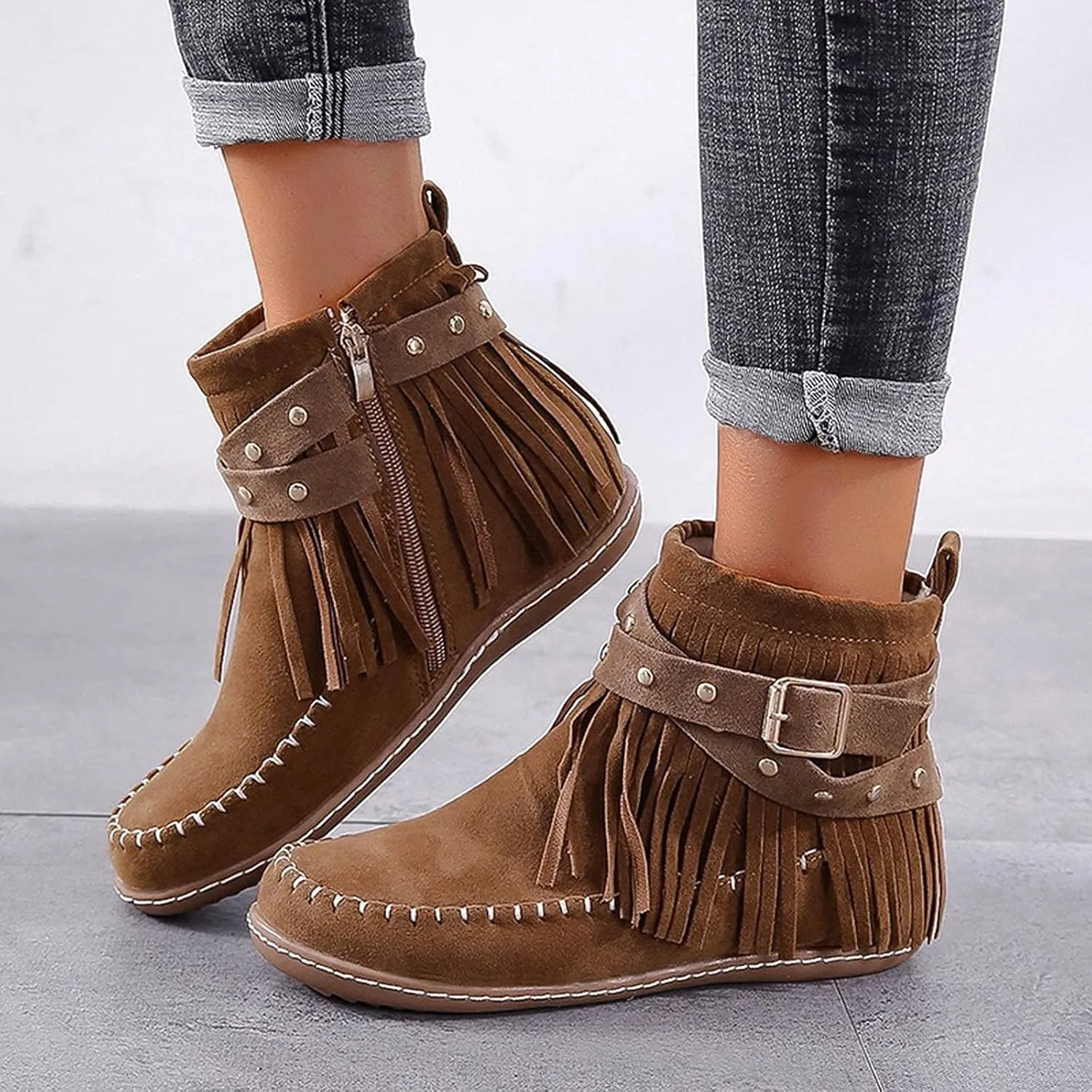 Crzidha Ankle Boots for Women,Classic Tassel Booties,Classic Western Country Booties, Buckle Strap Short Boots,Suede Round Toe Falt Boots,Comfy Snow Warm Work Walking Shoes