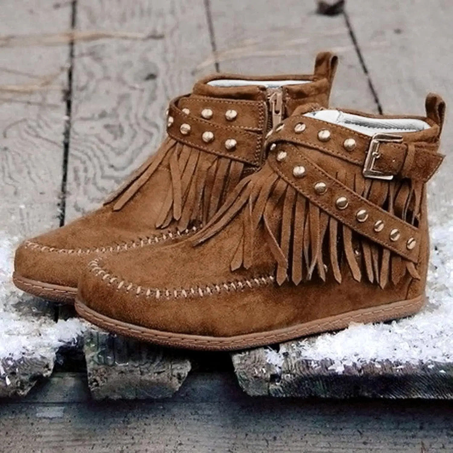Crzidha Ankle Boots for Women,Classic Tassel Booties,Classic Western Country Booties, Buckle Strap Short Boots,Suede Round Toe Falt Boots,Comfy Snow Warm Work Walking Shoes