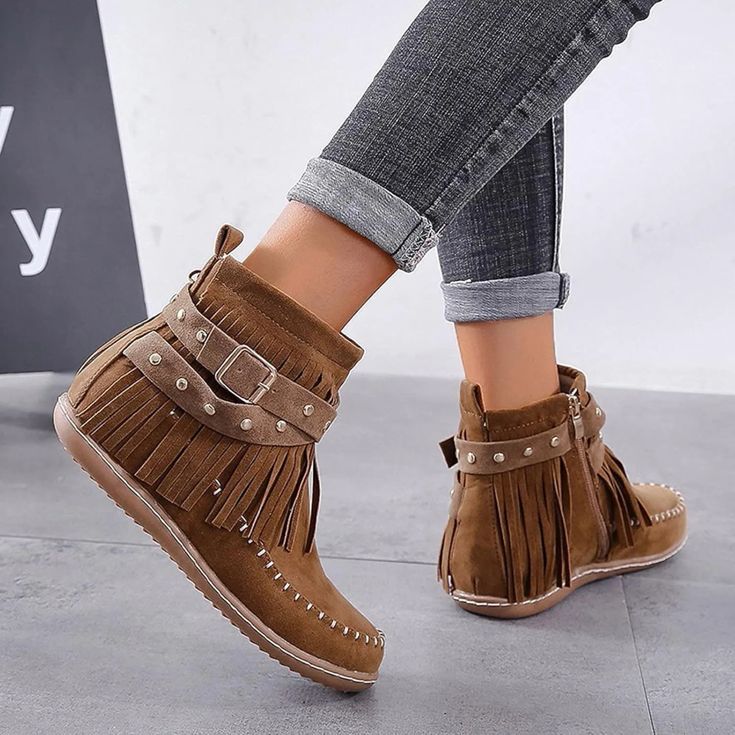 Crzidha Ankle Boots for Women,Classic Tassel Booties,Classic Western Country Booties, Buckle Strap Short Boots,Suede Round Toe Falt Boots,Comfy Snow Warm Work Walking Shoes