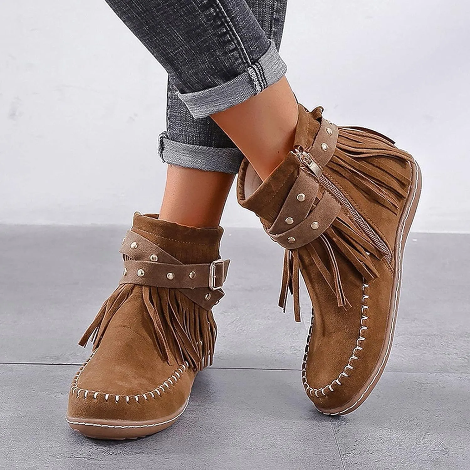 Crzidha Ankle Boots for Women,Classic Tassel Booties,Classic Western Country Booties, Buckle Strap Short Boots,Suede Round Toe Falt Boots,Comfy Snow Warm Work Walking Shoes
