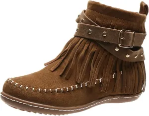 Crzidha Ankle Boots for Women,Classic Tassel Booties,Classic Western Country Booties, Buckle Strap Short Boots,Suede Round Toe Falt Boots,Comfy Snow Warm Work Walking Shoes