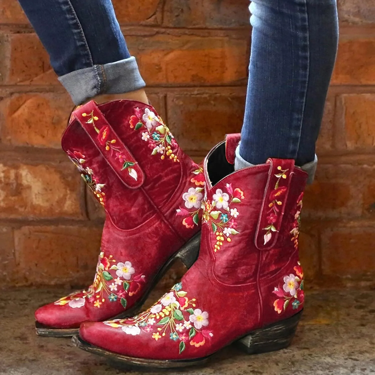 Crzidha Cowboy Ankle Boots for Women,Pull On Tabs Booties,Almond Toe Chunky Block Mid Heel Boots,Comfy Slip Ons Shoes,Winter Snow Boots,Classic Country Boots,Stylish Party Shoes