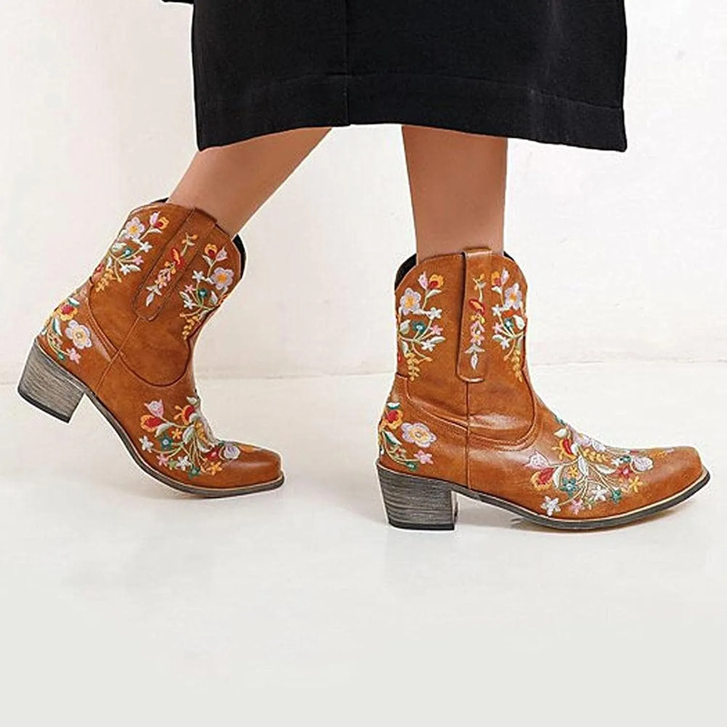 Crzidha Cowboy Ankle Boots for Women,Pull On Tabs Booties,Almond Toe Chunky Block Mid Heel Boots,Comfy Slip Ons Shoes,Winter Snow Boots,Classic Country Boots,Stylish Party Shoes