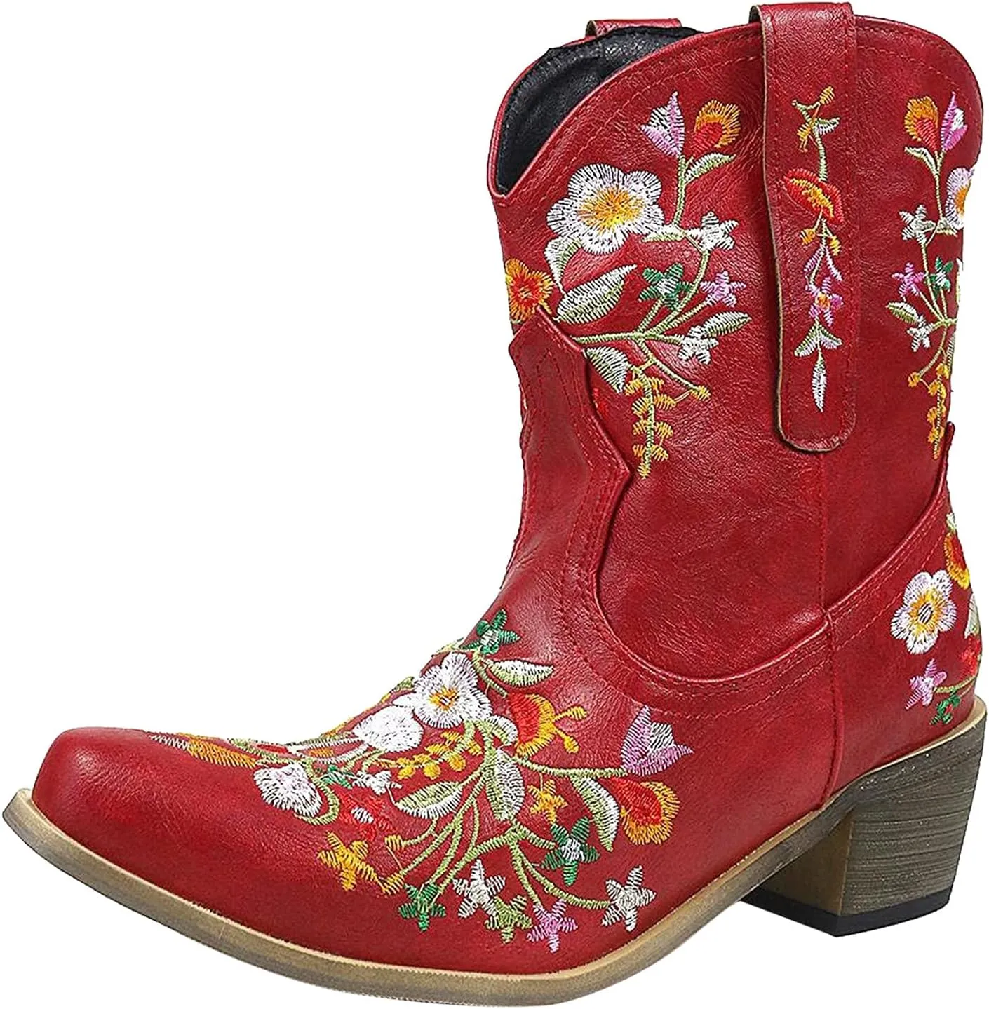 Crzidha Cowboy Ankle Boots for Women,Pull On Tabs Booties,Almond Toe Chunky Block Mid Heel Boots,Comfy Slip Ons Shoes,Winter Snow Boots,Classic Country Boots,Stylish Party Shoes