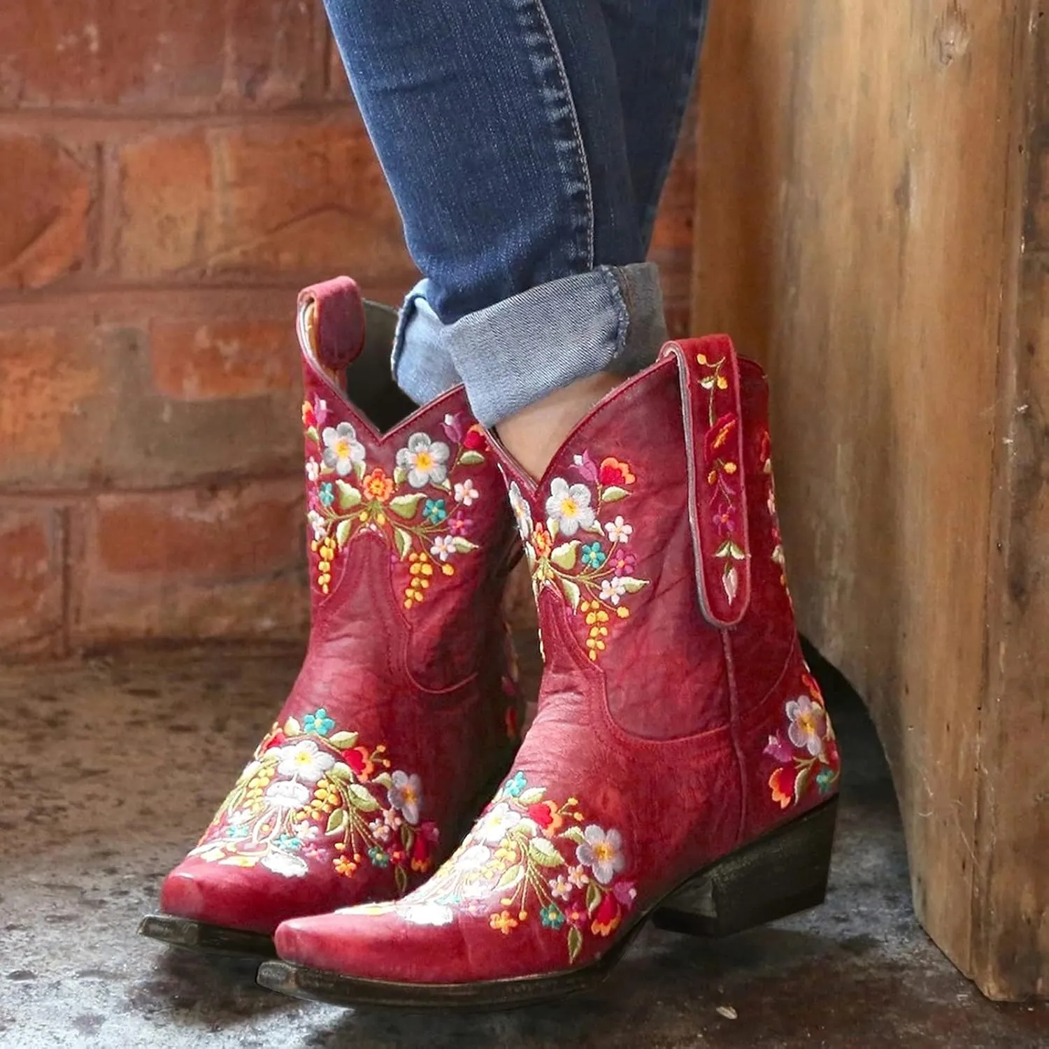 Crzidha Cowboy Ankle Boots for Women,Pull On Tabs Booties,Almond Toe Chunky Block Mid Heel Boots,Comfy Slip Ons Shoes,Winter Snow Boots,Classic Country Boots,Stylish Party Shoes