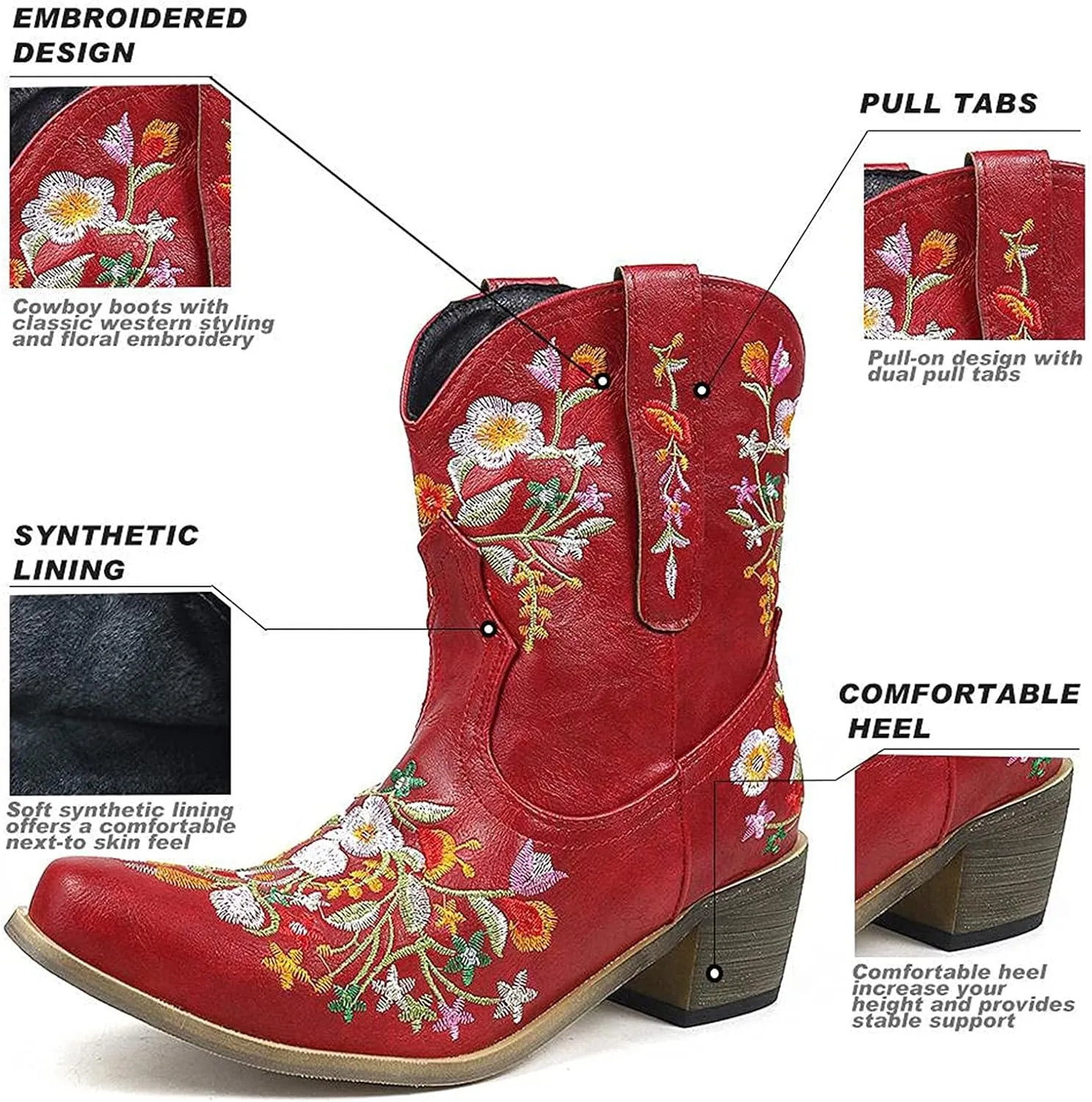 Crzidha Cowboy Ankle Boots for Women,Pull On Tabs Booties,Almond Toe Chunky Block Mid Heel Boots,Comfy Slip Ons Shoes,Winter Snow Boots,Classic Country Boots,Stylish Party Shoes