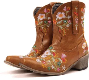 Crzidha Cowboy Ankle Boots for Women,Pull On Tabs Booties,Almond Toe Chunky Block Mid Heel Boots,Comfy Slip Ons Shoes,Winter Snow Boots,Classic Country Boots,Stylish Party Shoes