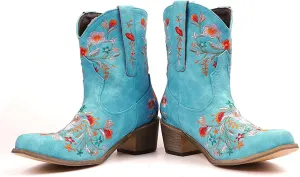 Crzidha Cowboy Ankle Boots for Women,Pull On Tabs Booties,Almond Toe Chunky Block Mid Heel Boots,Comfy Slip Ons Shoes,Winter Snow Boots,Classic Country Boots,Stylish Party Shoes
