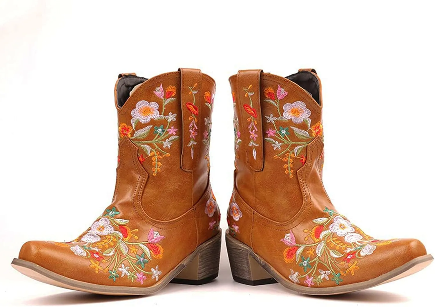 Crzidha Cowboy Ankle Boots for Women,Pull On Tabs Booties,Almond Toe Chunky Block Mid Heel Boots,Comfy Slip Ons Shoes,Winter Snow Boots,Classic Country Boots,Stylish Party Shoes