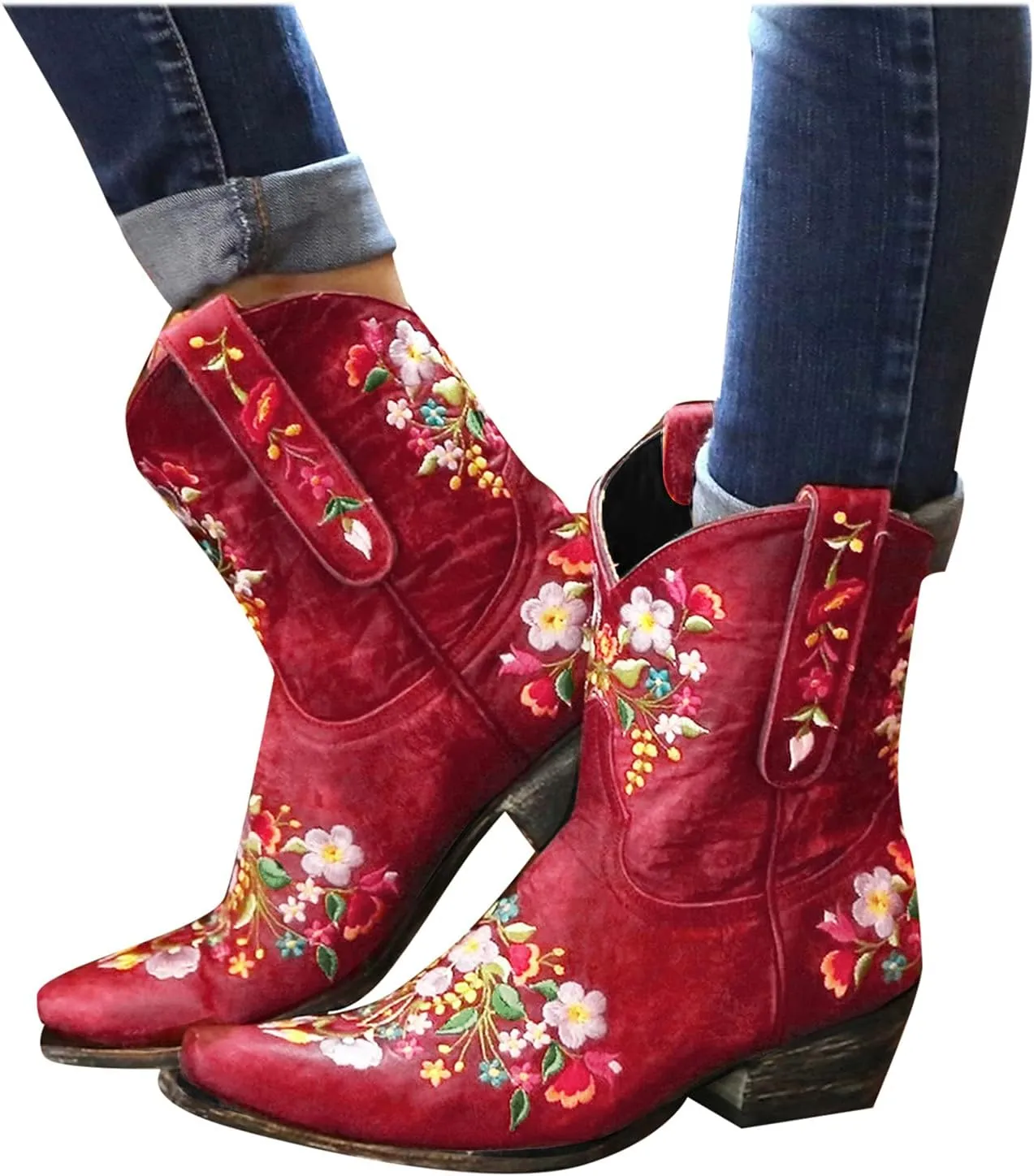 Crzidha Cowboy Ankle Boots for Women,Pull On Tabs Booties,Almond Toe Chunky Block Mid Heel Boots,Comfy Slip Ons Shoes,Winter Snow Boots,Classic Country Boots,Stylish Party Shoes