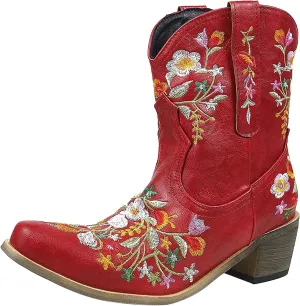 Crzidha Cowboy Ankle Boots for Women,Pull On Tabs Booties,Almond Toe Chunky Block Mid Heel Boots,Comfy Slip Ons Shoes,Winter Snow Boots,Classic Country Boots,Stylish Party Shoes