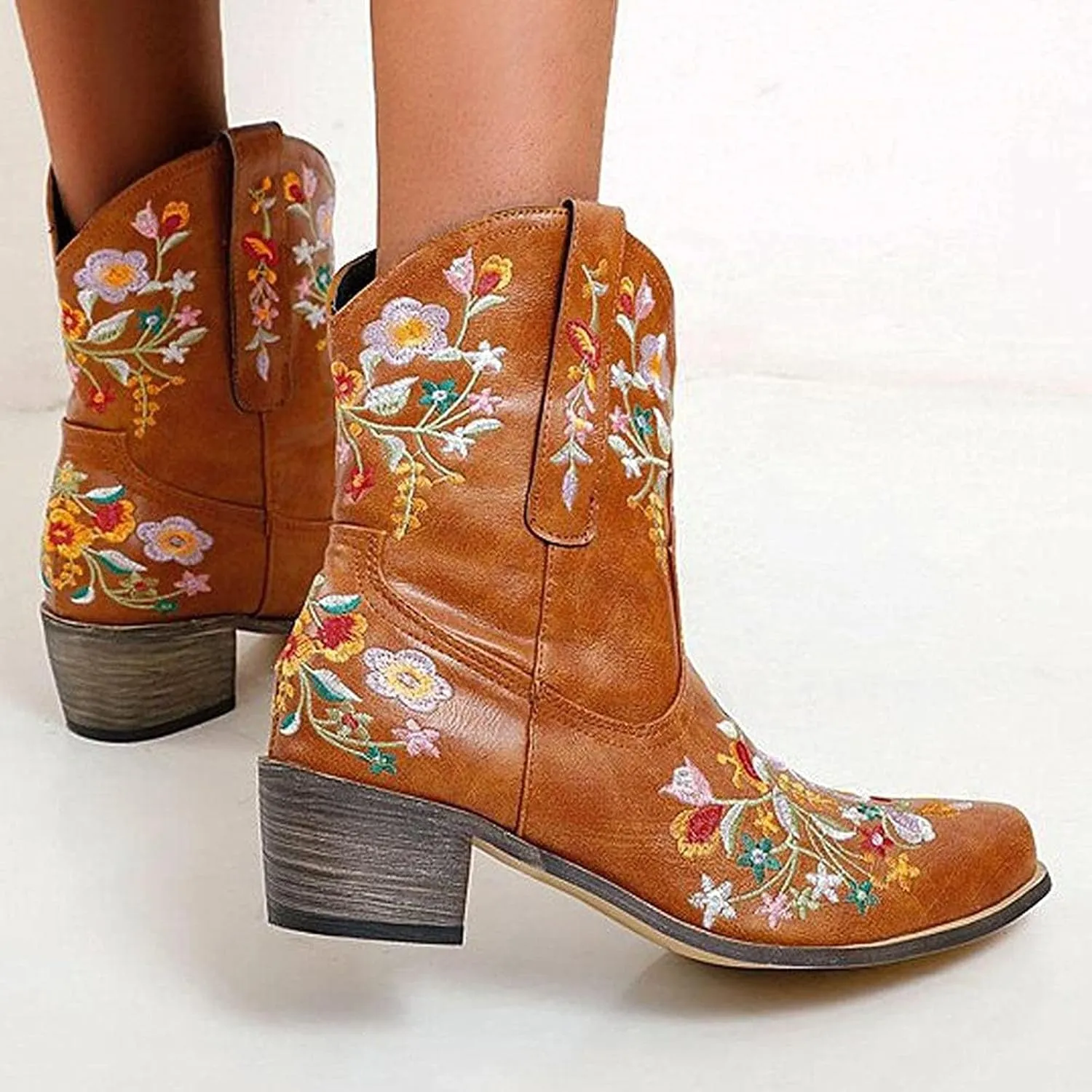 Crzidha Cowboy Ankle Boots for Women,Pull On Tabs Booties,Almond Toe Chunky Block Mid Heel Boots,Comfy Slip Ons Shoes,Winter Snow Boots,Classic Country Boots,Stylish Party Shoes