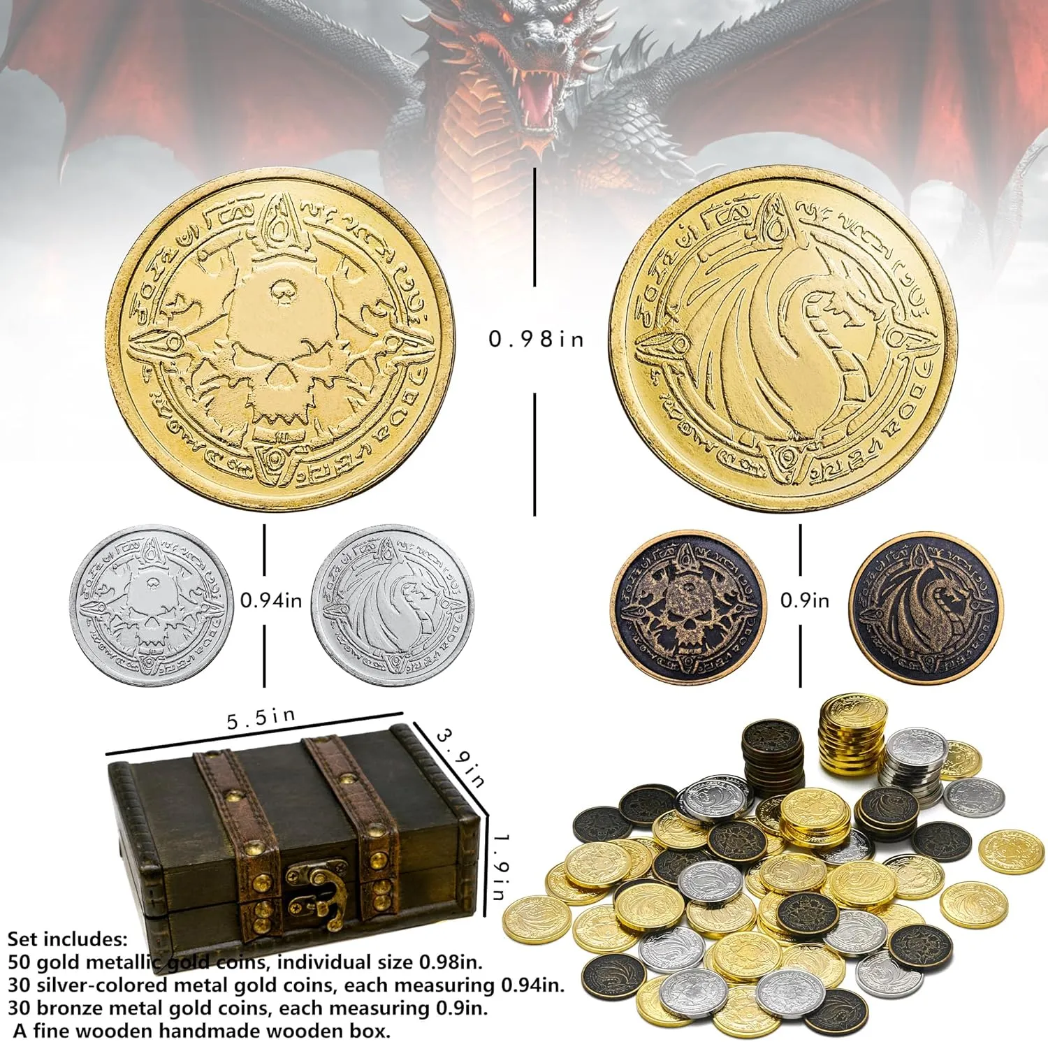 CTIONDRAKE Metal Pirate Coins, 110 Pieces Lots of Toys Gold Coins for Board,for DND Props Accessories, Treasures and Treasure chests Fantasy Dragon Coinsfor RPG Tablelap
