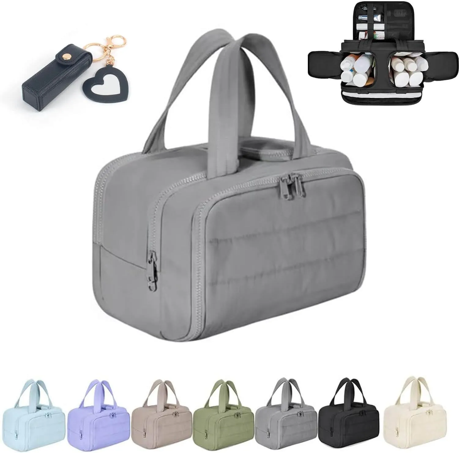 Curetoaway Large Capacity Wide-Open Travel Cosmetic Bag,Cureaway Travel Cosmetic Bag,4-in-1 Puffy Multi-functional Toiletry Bags,Curetoaway Toiletry Bags for Women with Divider and Handle (Grey)