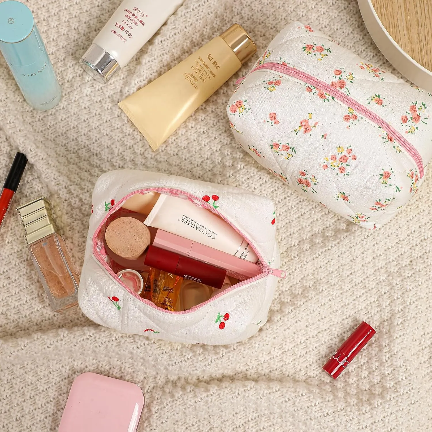 Cute Small Floral Cotton Makeup Bag, Quilted Zipper Pouch with Coquette Bear for Women and Girls, Kawaii Travel Cosmetic Bags for Purse(07Yellow and Pink Flower)