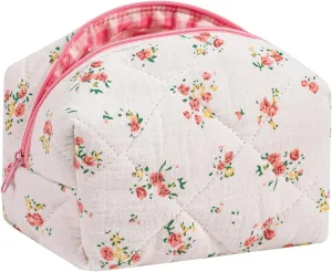 Cute Small Floral Cotton Makeup Bag, Quilted Zipper Pouch with Coquette Bear for Women and Girls, Kawaii Travel Cosmetic Bags for Purse(07Yellow and Pink Flower)