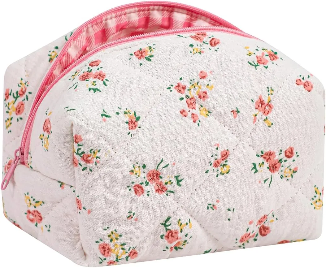 Cute Small Floral Cotton Makeup Bag, Quilted Zipper Pouch with Coquette Bear for Women and Girls, Kawaii Travel Cosmetic Bags for Purse(07Yellow and Pink Flower)