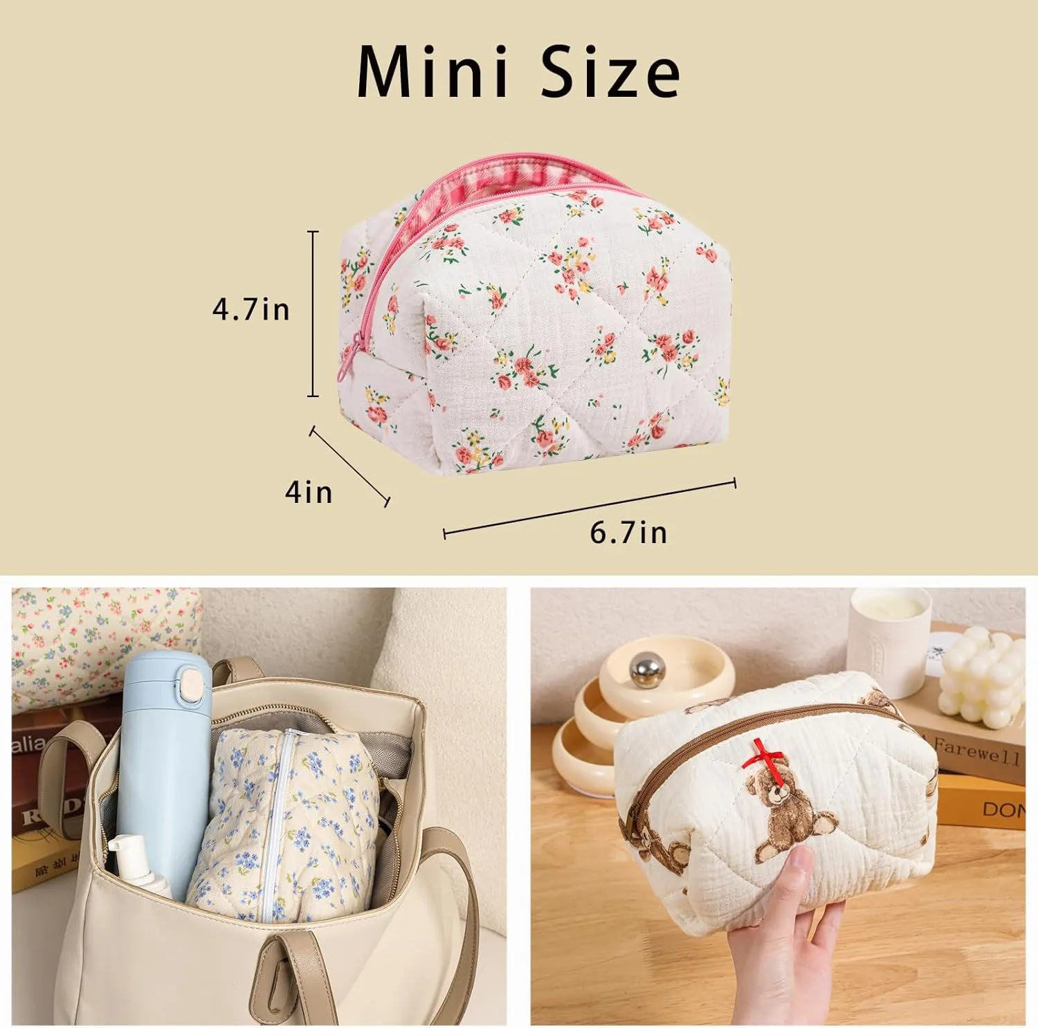 Cute Small Floral Cotton Makeup Bag, Quilted Zipper Pouch with Coquette Bear for Women and Girls, Kawaii Travel Cosmetic Bags for Purse(07Yellow and Pink Flower)